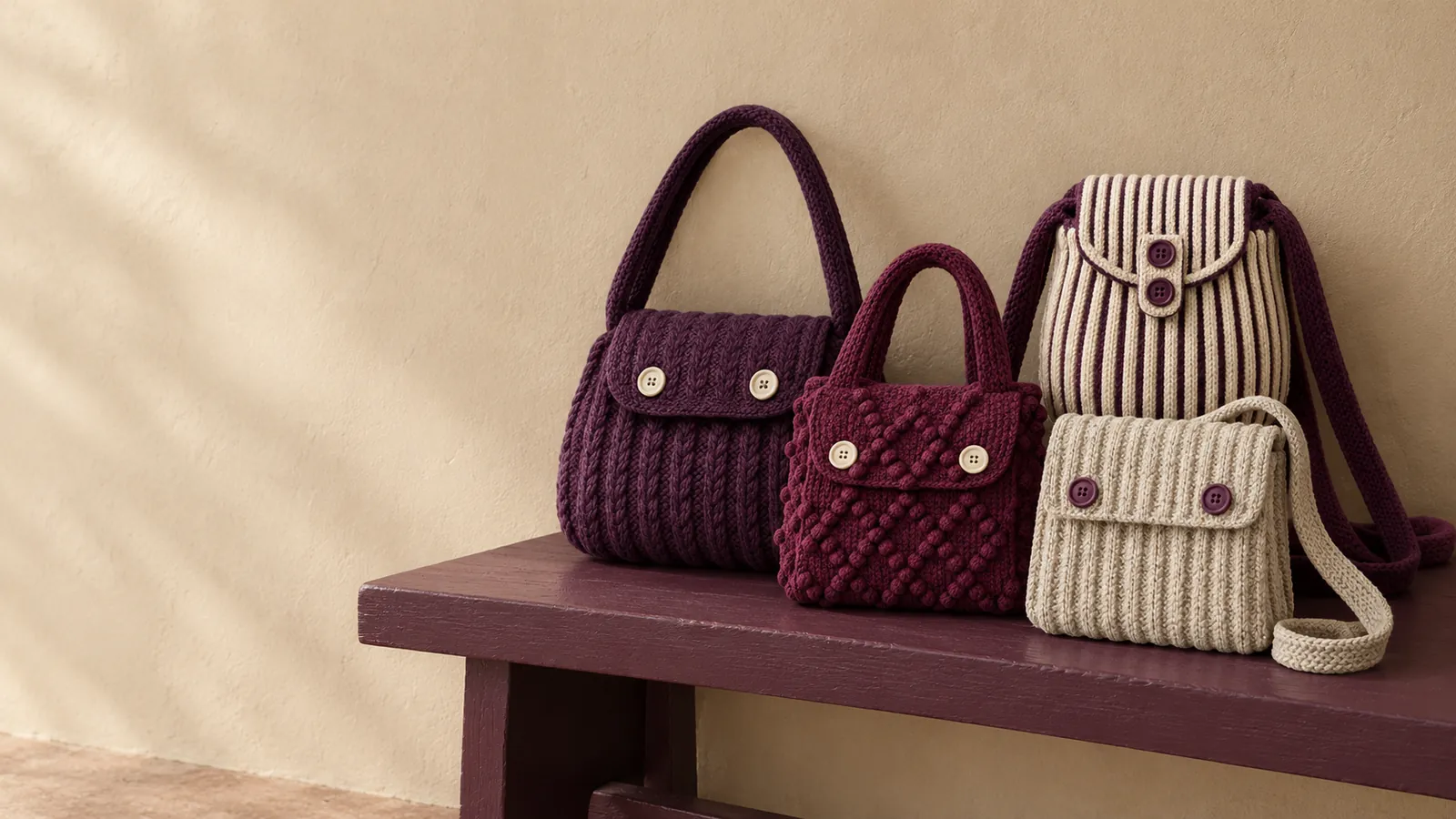 Knit bags on a plum bench
