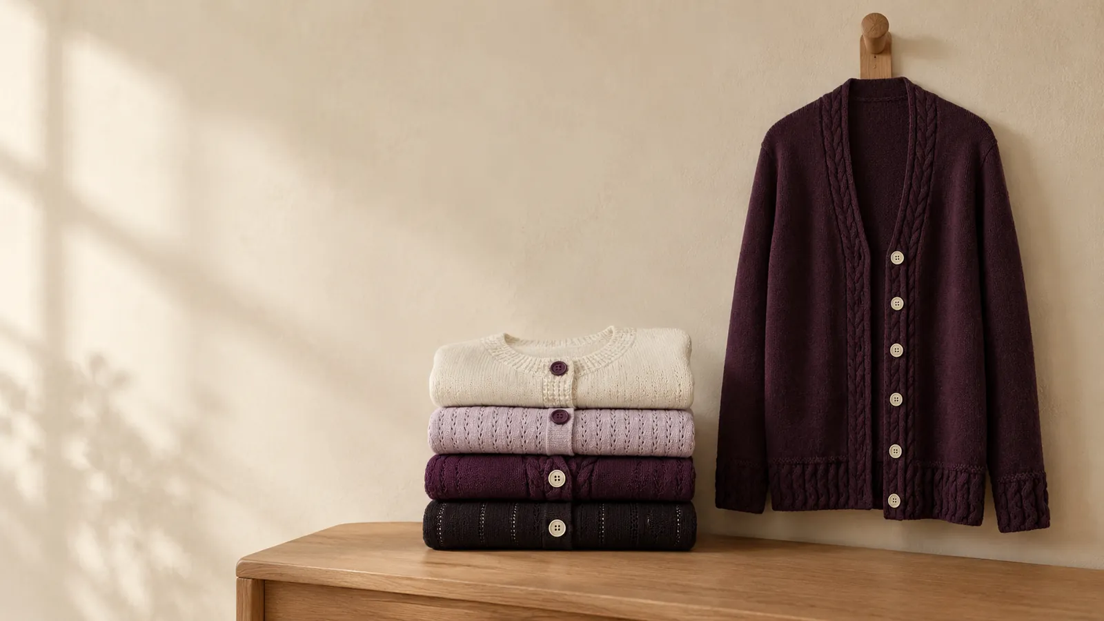 Fine knit cardigans, folded and hanging