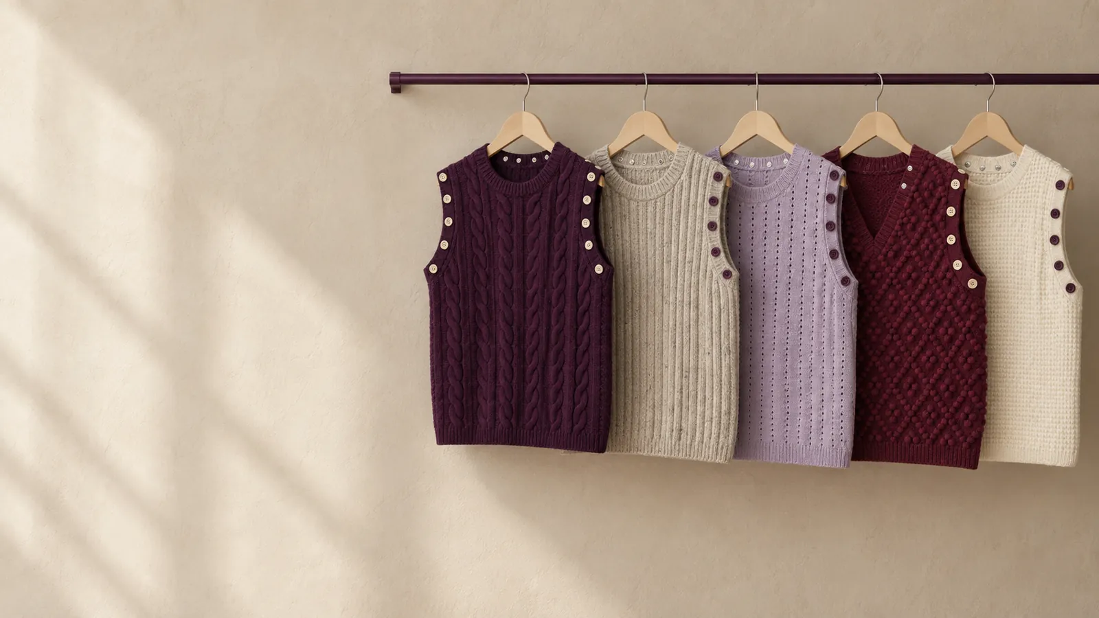 Knit vests hanging on a rail