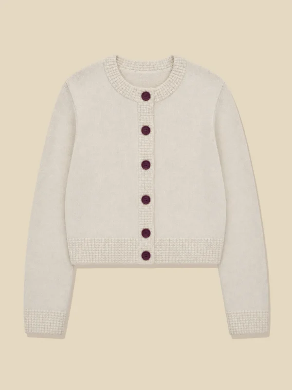 Fine Waffle-Trim Cardigan, laid flat