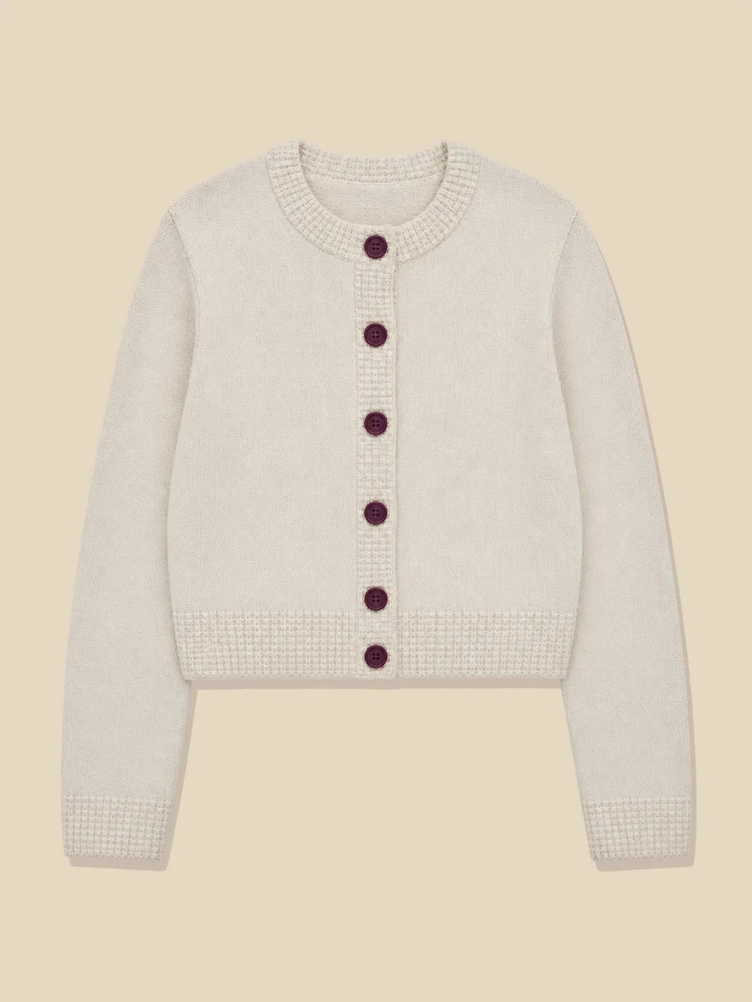 Fine Waffle-Trim Cardigan, laid flat
