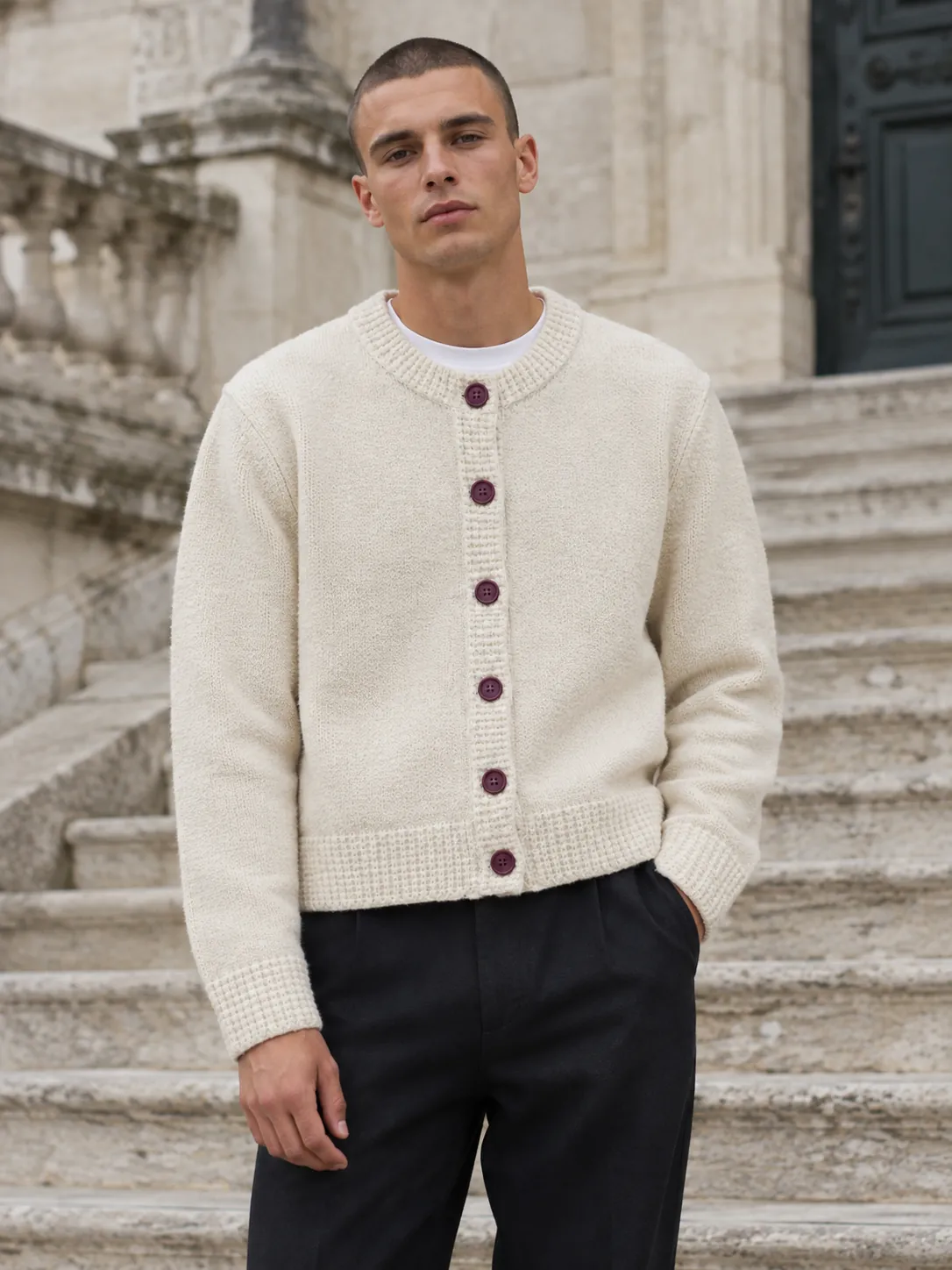 Fine Waffle-Trim Cardigan, worn