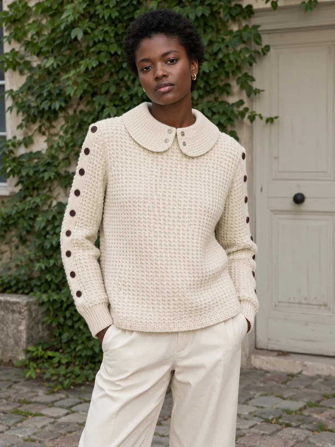 Waffle Peter Pan Collar, worn