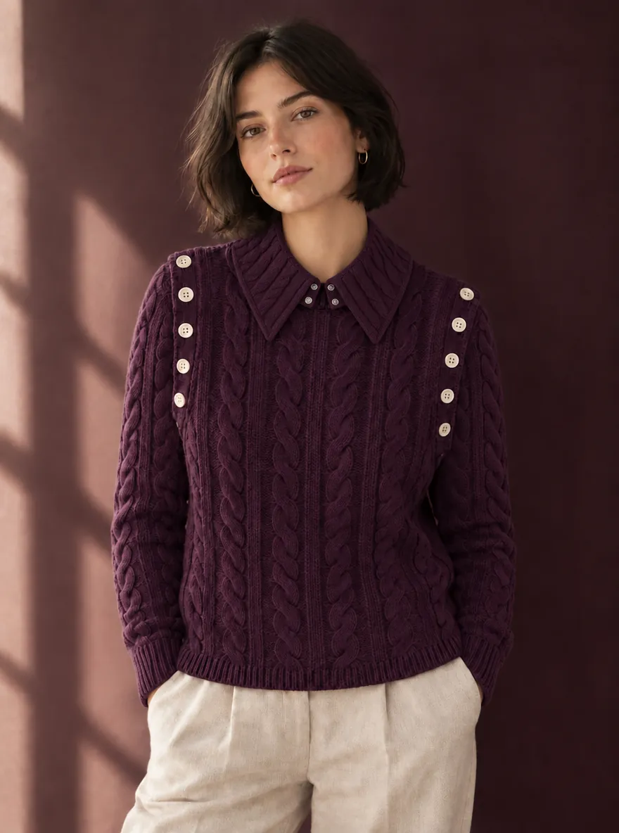 The same woman with a pointed collar snapped onto the jumper's neckline