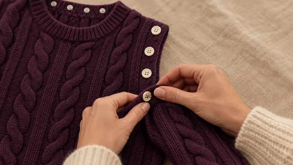 Des mains boutonnant une manche sur les boutons d'emmanchure d'un pull sans manches