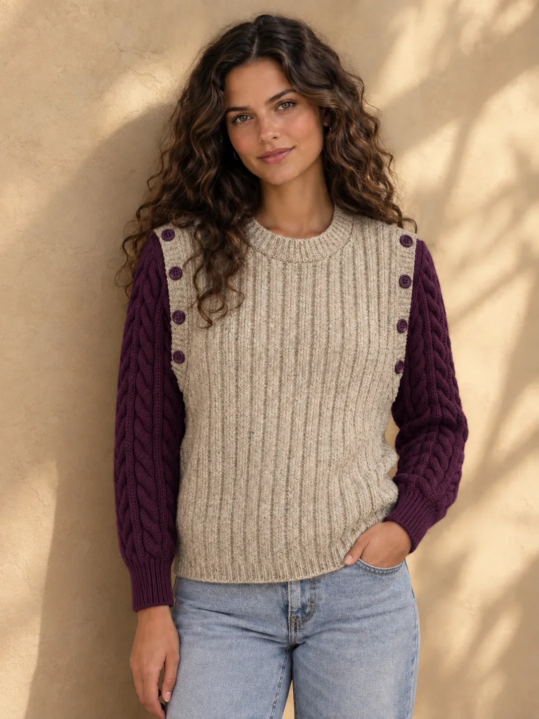 Tenue 3 : le pull sans manches rib avoine avec des manches cable prune