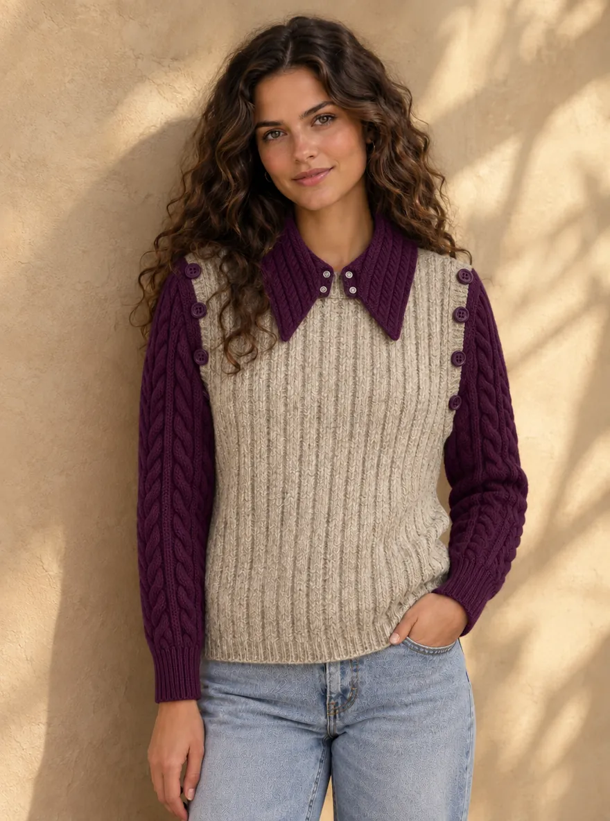 Tenue 6 : le pull sans manches rib avoine avec des manches prune et un col pointu prune