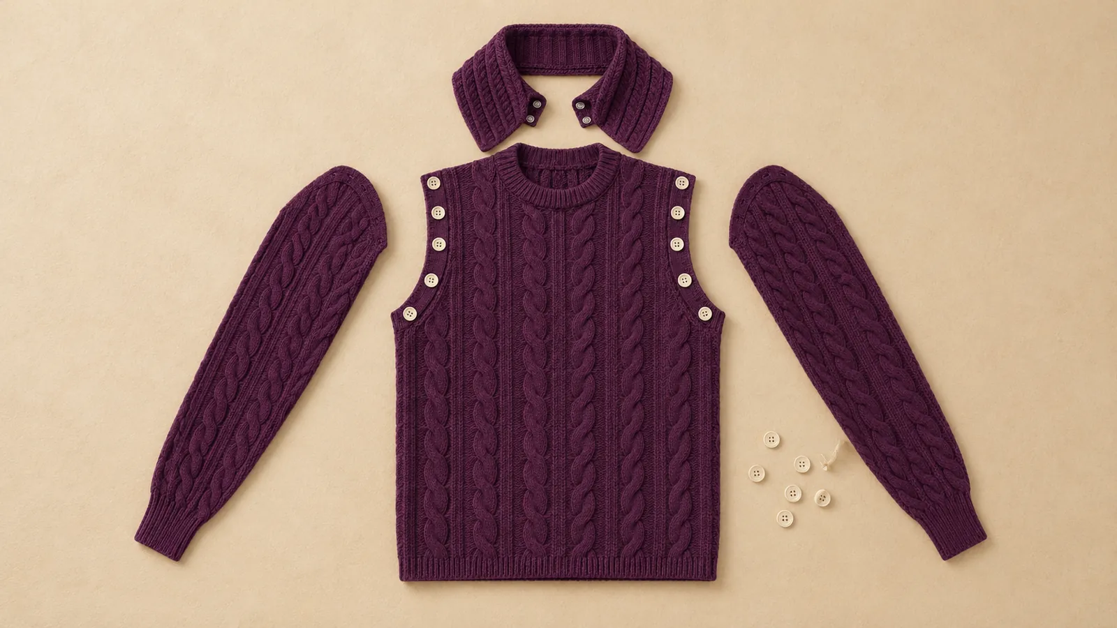 A vest, two sleeves and a collar laid flat slightly apart, like an exploded diagram