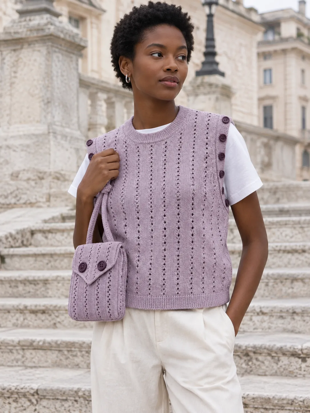 Pointelle Button Pouch, worn